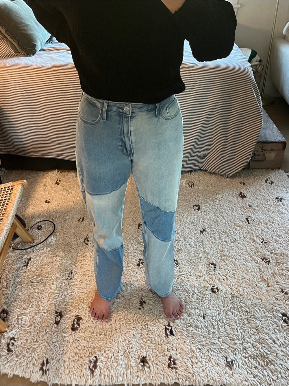 Light Blue Two-Tone Patchwork High-Waist Jeans